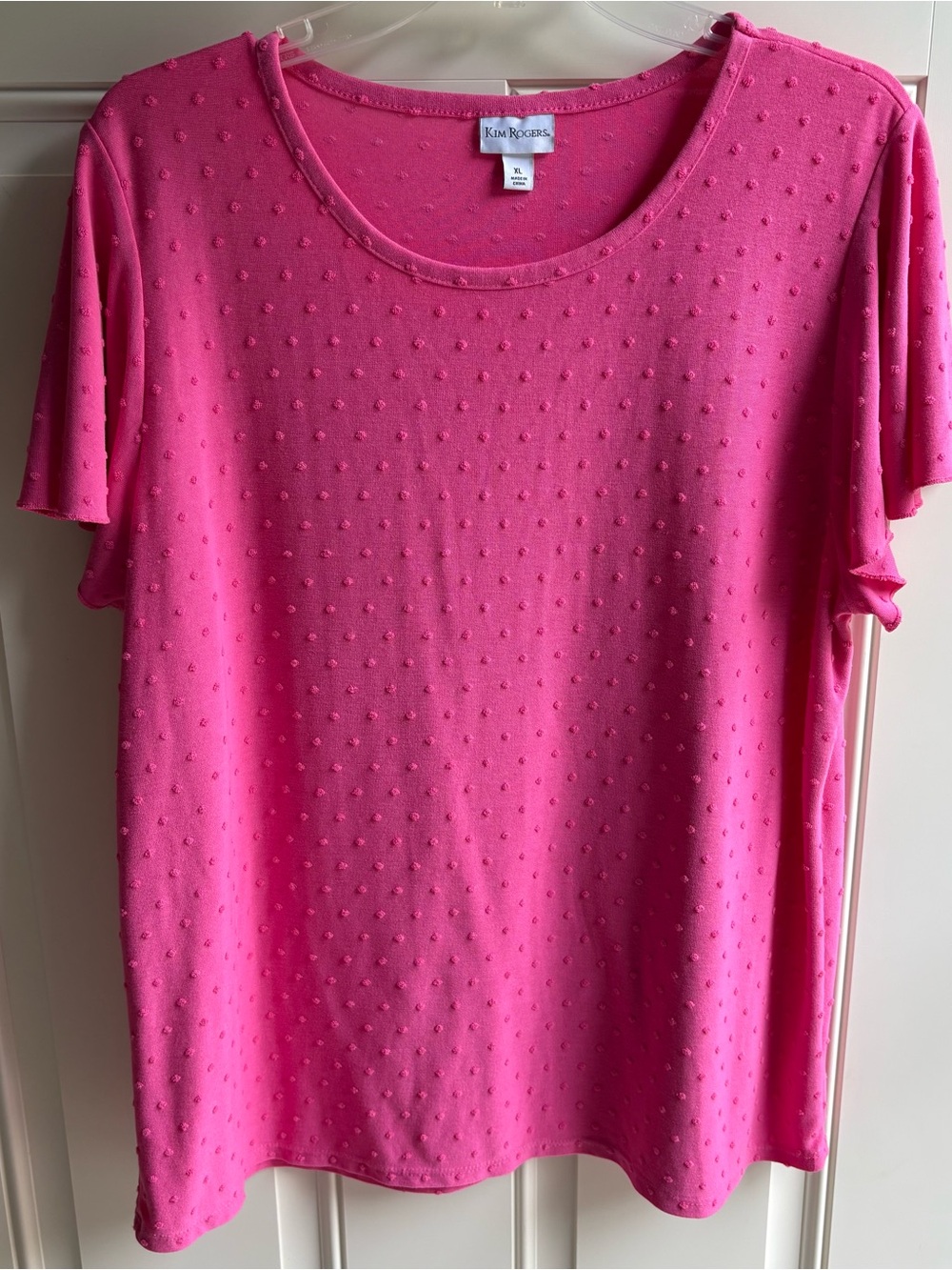 Kim Rogers Bright Pink Swiss Dot Short Sleeve Tee Shirt Top Size-XL